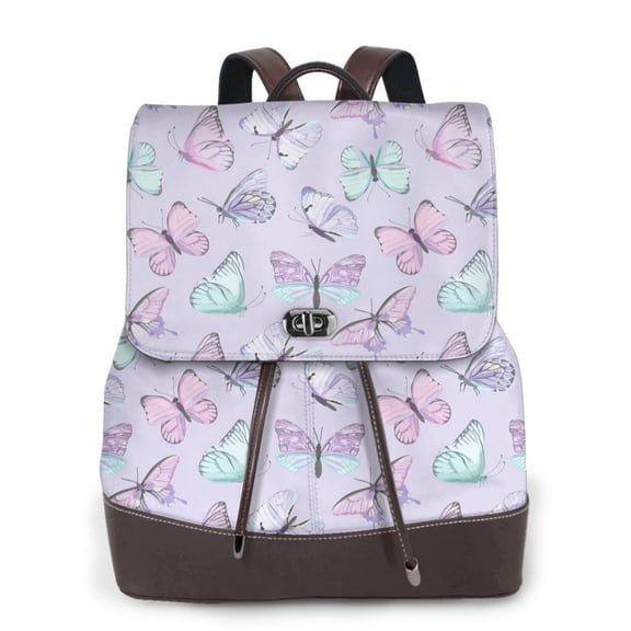 Xecao Purple Butterfly Print Large Backpack Soft Leather for Women Travel with Compartment, Adjustable Convertible Strap