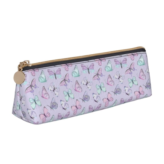 Xecao Purple Butterfly Print Leather Pencil Case -Stationery Bag Pen Holder for Work & Office