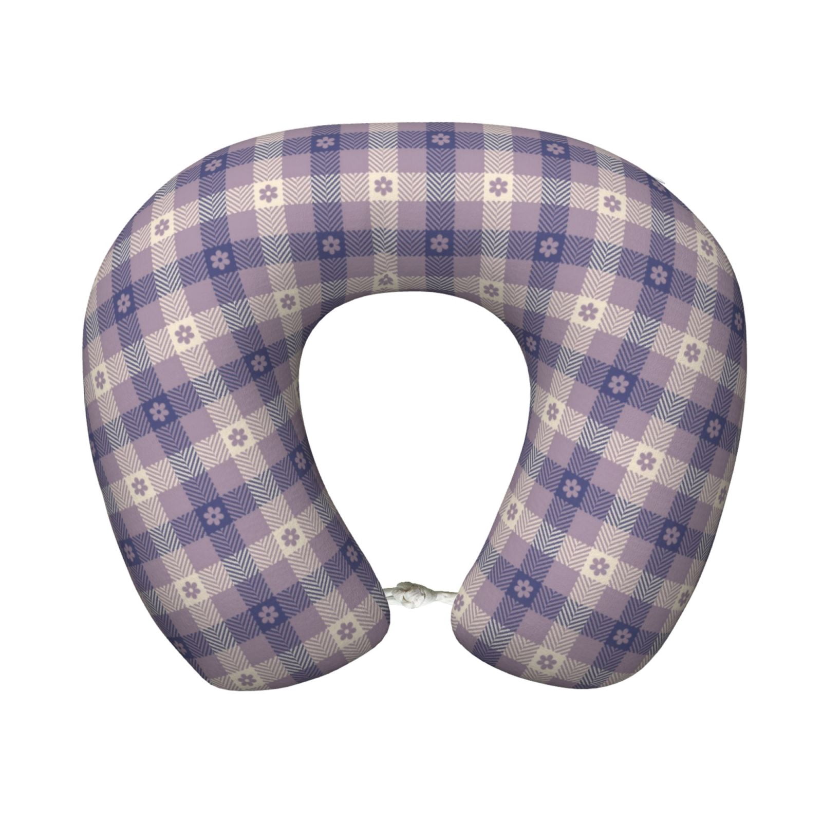 Xecao Purple Floral Gingham Check Plaid Print Memory Foam Cervical Neck Pillow Versatile U-Shaped Pillows for Home,Office,Camping,Travelling,Soft Washable Cover