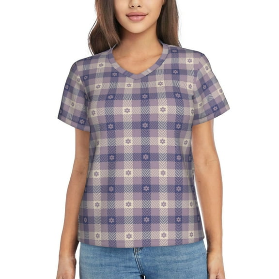 Xecao Purple Floral Gingham Check Plaid for Women's V-Neck T-Shirts-Elegant Half-Sleeve Tops Perfect for Summer-Small