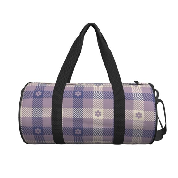 Xecao Purple Floral Gingham Check Plaid print Round Travel Duffel Bag is a foldable gym bag with an inner pocket, perfect for travel sports