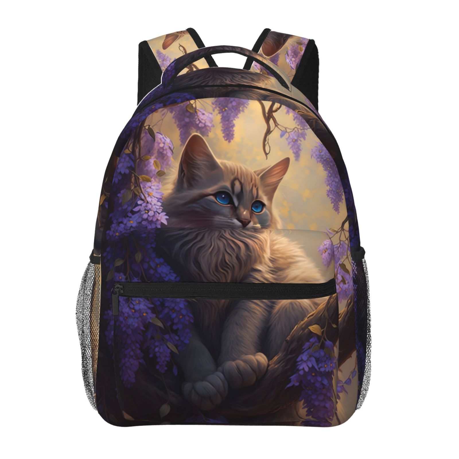 Xecao Purple Flower Lazy Cat Backpack, a stylish and functional choice for both men and women, is the perfect basic bookbag for college, work, or travel