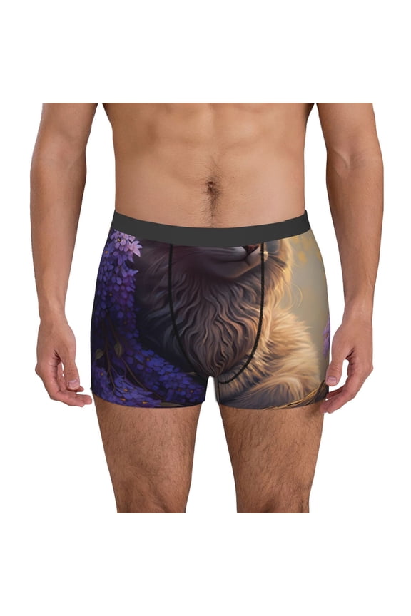 Purple Flower Lazy Cat Print Men's Underwear Boxer Briefs Pack - Your ComfortSoft, Moisture-Wicking, and Breathable Choice for Men's Underwear-Large