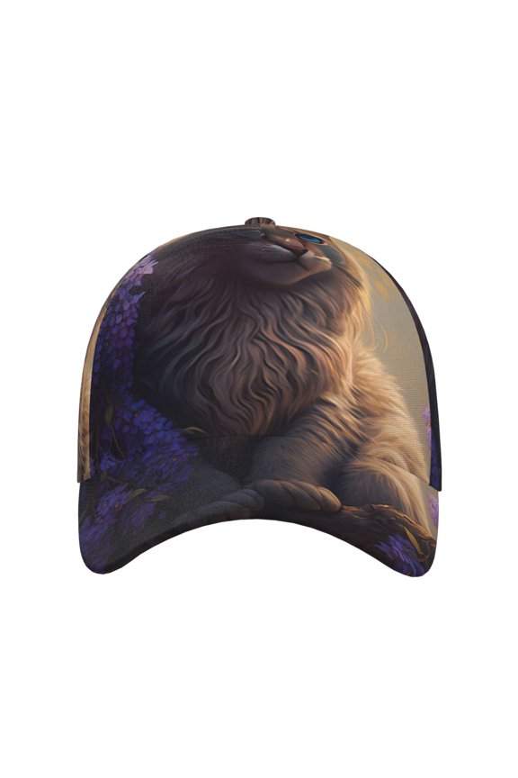 Purple Flower Lazy Cat for Baseball Cap: Unisex, crafted from classic polyester twill fabric, featuring a soft unconstructed design