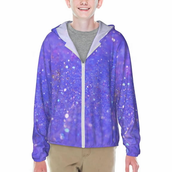 Xecao Purple Glitter Print Fishing Shirts for teenager Long Sleeve UV Sun Protection Hoodie with Zipper Outdoor Hiking Shirts-Small
