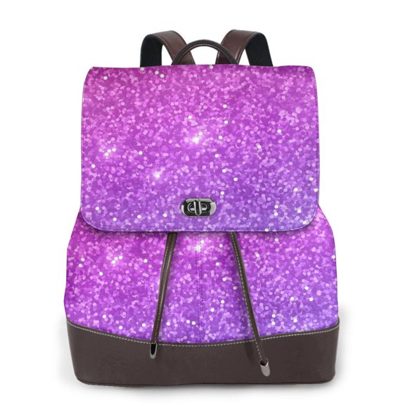 Xecao Purple Glitter Print Large Backpack Soft Leather for Women Travel with Compartment, Adjustable Convertible Strap