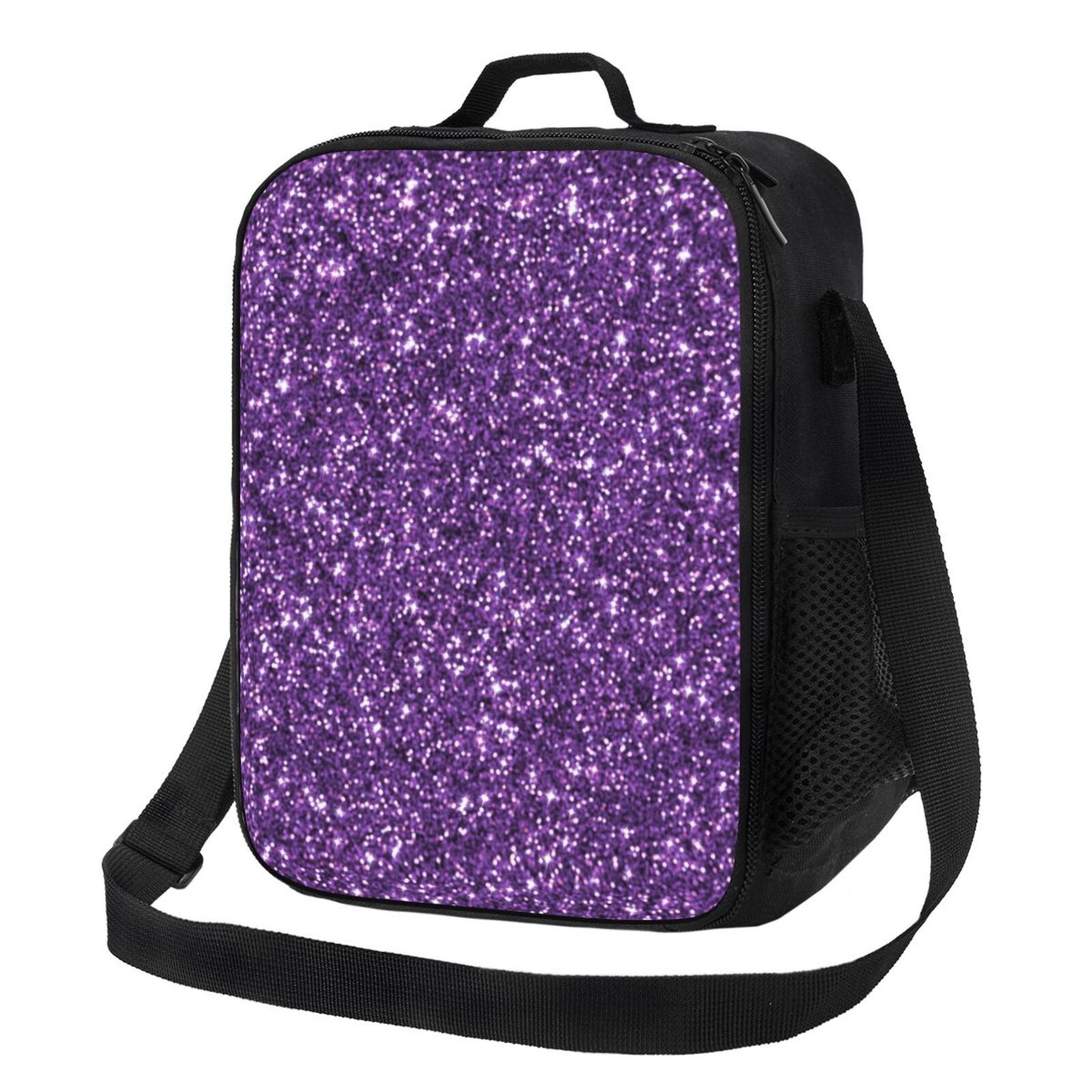 Xecao Purple Glitter Print Lunch Bag - Durable, Double-Insulated Lunch Bag, Holds Lunch Box, Water Bottle, & Snacks,Leakproof Cooler Tote Bag