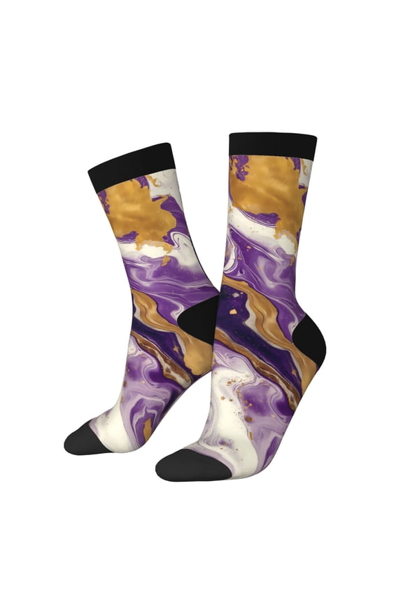 Purple Gold Marble Swirls Pattern Sport Socks for Women and Men Crew Socks Sporty Calf Socks Casual Socks