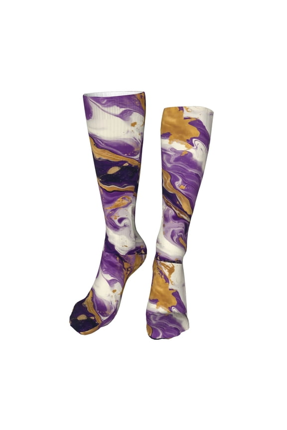 Purple Gold Marble Swirls Print Calf Socks Seamless Toe, Knee High Long Socks, Sports Socks Trouser Socks for Women and Men-One Size