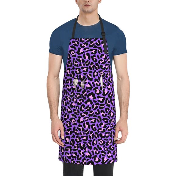 Xecao Purple Leopard Print Kitchen Cooking Aprons, Waterproof Adjustable Bib Aprons with 2 Pockets for Women Men Chef