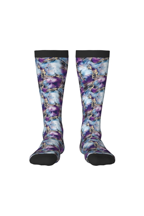 Purple Marble Texture print thigh-high socks, crafted for both men and women with a stretchy, high-opaque design perfect for daily wear
