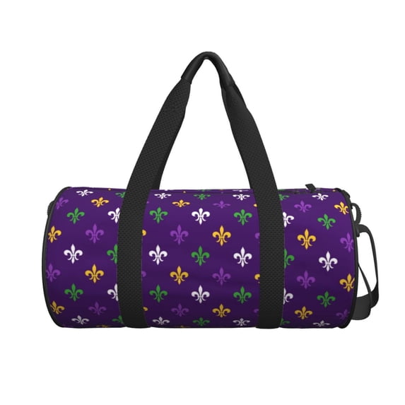 Xecao Purple Mardi Gras print Round Travel Duffel Bag is a foldable gym bag with an inner pocket, perfect for travel sports