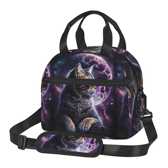 Xecao Purple Moon Cat Print Insulated Lunch Box, Lunch Cags Lunch Bag Featuring An Adjustable Shoulder Strap