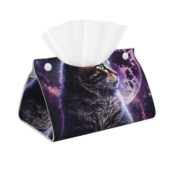 Xecao Purple Moon Cat Print Tissue Box Cover,Modern PVC Leather Square Tissue Box Holder for Creative Decorative