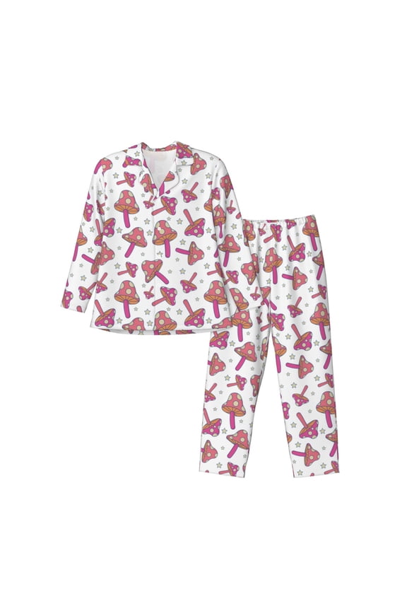 Purple Mushroom Print Pajamas Set Mens Pajamas Long Sleeve Loungewear Two-Piece Sleepwear Button-Down Pjs Set,2PJS-Small