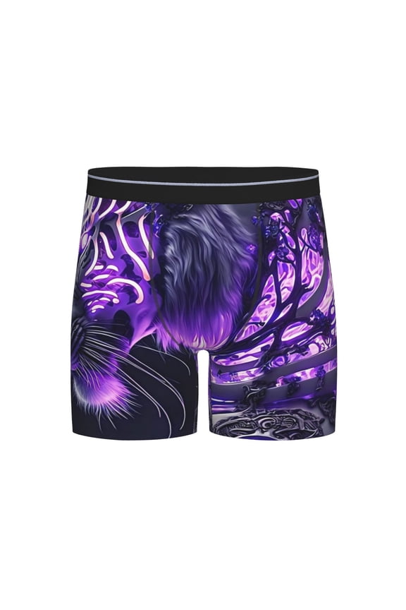 Purple Pattern White Tiger Print Boxer Briefs for Men's Stretch Moisture-Wicking Underwear, Mid-Rise Classics breathable fabric