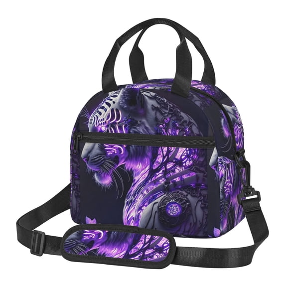 Xecao Purple Pattern White Tiger Print Insulated Lunch Box, Lunch Cags Lunch Bag Featuring An Adjustable Shoulder Strap