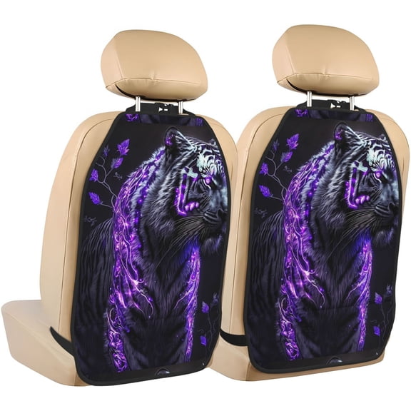 Xecao Purple Plant White Tiger Pattern Car Seat Back Protector 2 Pack Large Capacity Pocket, Kick Mats Back Seat Protector