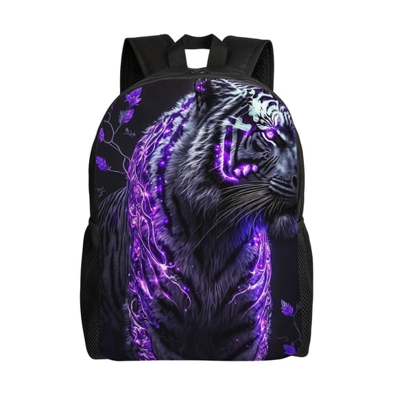 Xecao Purple Plant White Tiger Print School Backpack with Laptop Compartment Small Travel Laptop Backpack for Women Men Waterproof College Backpack Simple School Bag