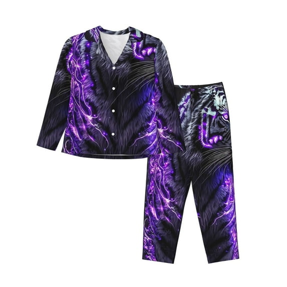 Xecao Purple Plant White Tiger Print Women Pajamas Set Soft Sleepwear Pjs long Sleeve Button Down Nightwear with Long Pants