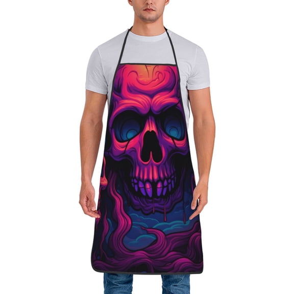Xecao Purple-Red Skull Print Funny BBQ Chef Aprons for Men Women,Adjustable Kitchen Cooking Aprons with Pocket Waterproof Oil Proof No Pilling Fading