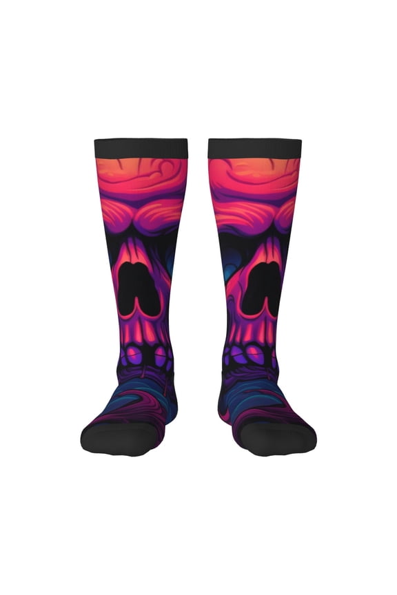 Purple-Red Skull print thigh-high socks, crafted for both men and women with a stretchy, high-opaque design perfect for daily wear