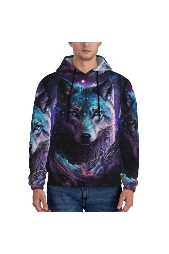 Purple Sky Wolf Pattern Men's Adult Pullover Hoodie,Hooded Sweatshirt-4X-Large