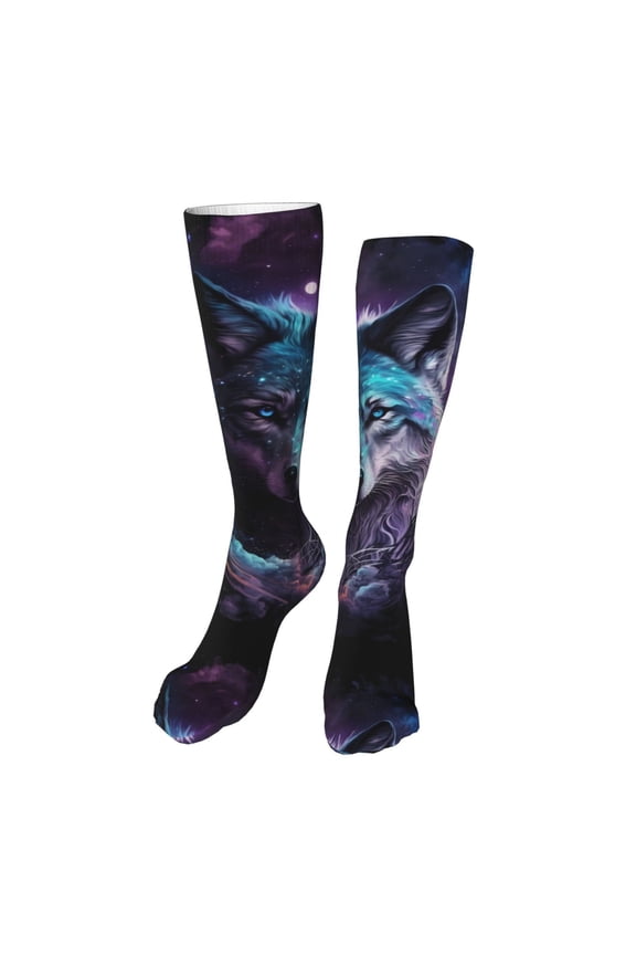 Purple Sky Wolf Print Calf Socks Seamless Toe, Knee High Long Socks, Sports Socks Trouser Socks for Women and Men-One Size