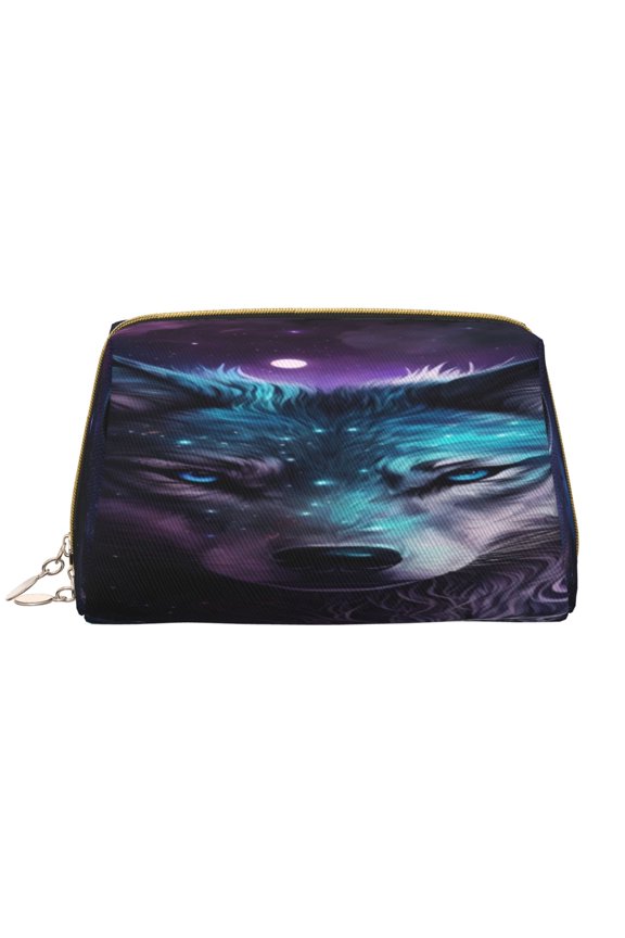 Purple Sky Wolf Print Fashion Makeup PVC Bag Large Capacity Travel Cosmetic Bag for Women Organizer Toiletry Clutch