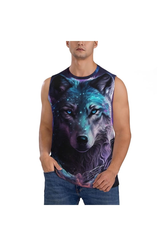 Purple Sky Wolf Print Men's Tank Top: Sleek Sleeveless Tee for Casual Sports and Beach Occasions-Large