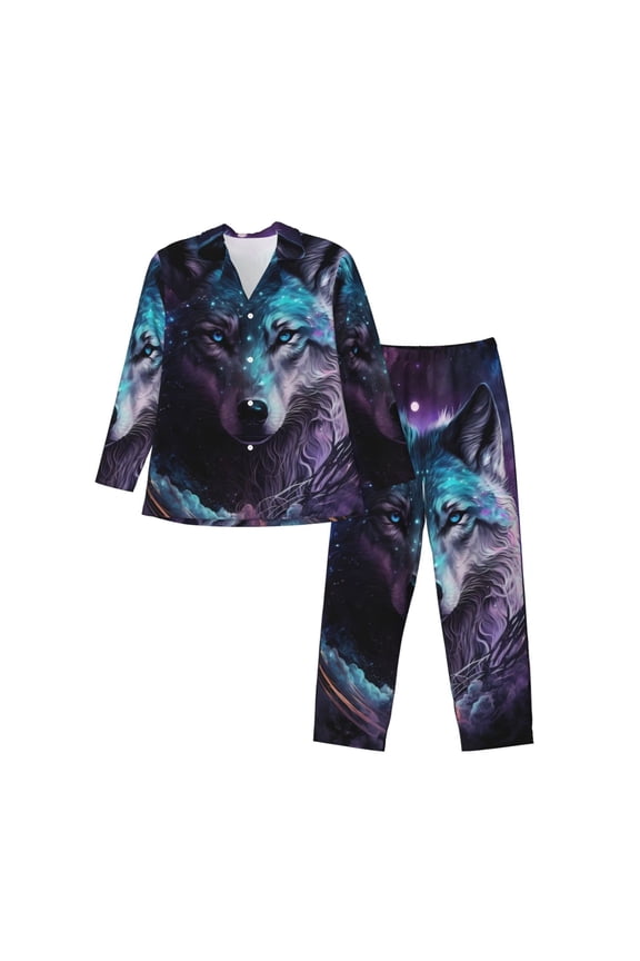Purple Sky Wolf Print Pajamas Set Mens Pajamas Long Sleeve Loungewear Two-Piece Sleepwear Button-Down Pjs Set,2PJS-Large