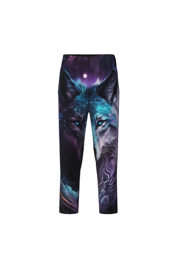 Purple Sky Wolf Print Teenagers' Pajama Pants Long Sleep Pants Soft Elastic Waist Pajama Bottoms Elastic waist with 2 Pockets 5-16 Years-Large
