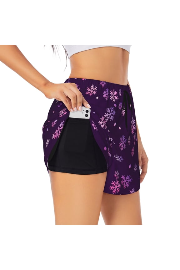 Purple Snow Flakes for Double-layer Running Short for Women, Perfect for Gym, Tennis, and More, Featuring a Convenient Pocket-Large