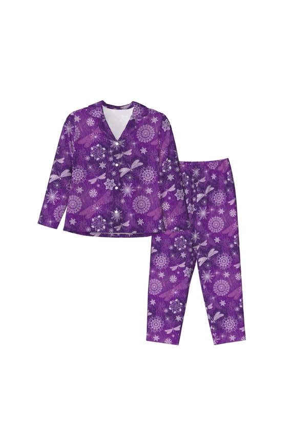Purple Snowflakes Print Women Pajamas Set Soft Sleepwear Pjs long Sleeve Button Down Nightwear with Long Pants