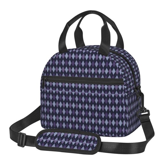 Xecao Purple and Blue Squares Print Insulated Lunch Box, Lunch Cags Lunch Bag Featuring An Adjustable Shoulder Strap