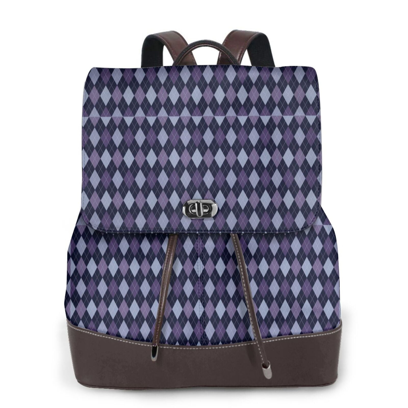 Xecao Purple and Blue Squares Print Large Backpack Soft Leather for ...