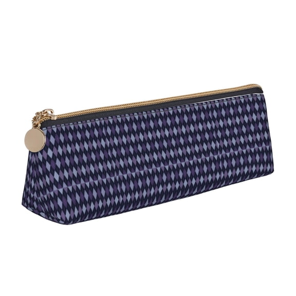 Xecao Purple and Blue Squares Print Leather Pencil Case -Stationery Bag Pen Holder for Work & Office
