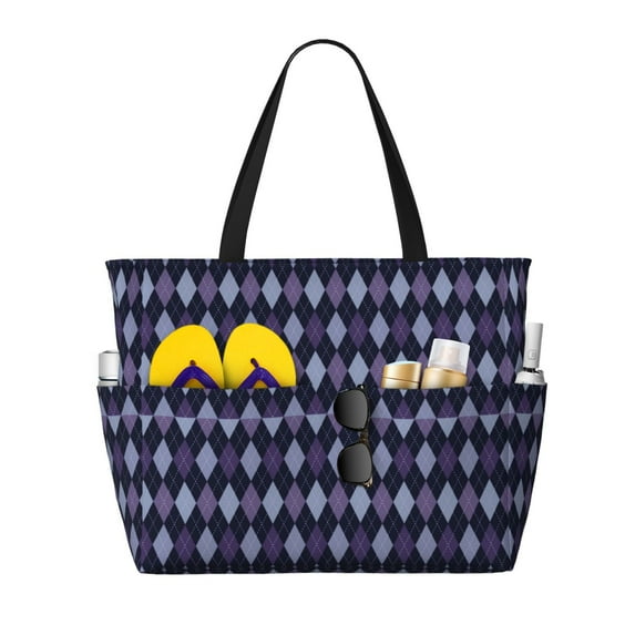 Xecao Purple and Blue Squares for versatile beach bag for women includes zipper pockets and waterproof material, ideal for vacations and adventures.