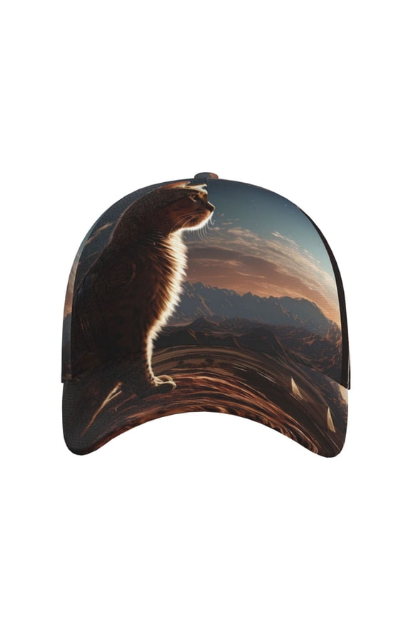 Pyramid Desert Cat for Baseball Cap: Unisex, crafted from classic polyester twill fabric, featuring a soft unconstructed design