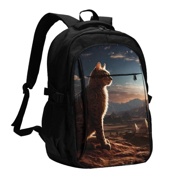 Xecao Pyramid Desert Cat for Travel Laptop Backpack, USB-Charging-Enabled, Spacious Business Backpack for Men and Women,College School Computer Bag