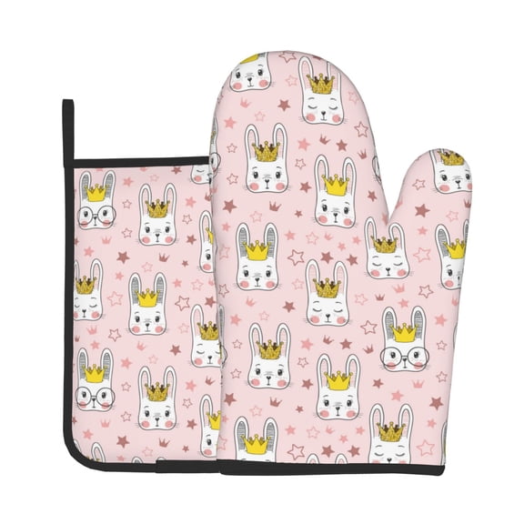 Xecao Queen For Rabbit Pattern Oven Mitts and Pot Holders Sets Heat Resistant Silicone Oven Mittens Extra Thicken Long Kitchen Cotton Oven Glove for Cooking