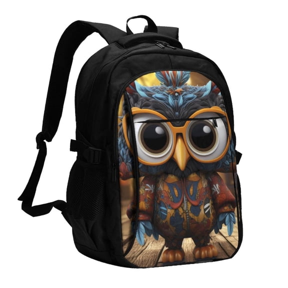 Xecao Quirky Owl With Glasses for Travel Laptop Backpack, USB-Charging-Enabled, Spacious Business Backpack for Men and Women,College School Computer Bag