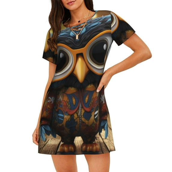 Xecao Quirky Owl With Glasses for Women's Loose Nightgown Sleepwear Short Sleeves Shirt Casual Print Sleepdress