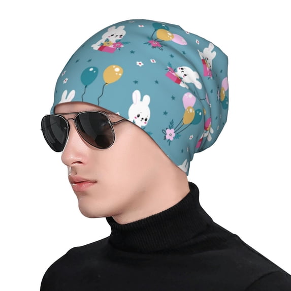 Xecao Rabbit And Balloon Print Beanie Knitted Hat for Men Women, Winter Fashion Knit Cuffed Caps Unisex