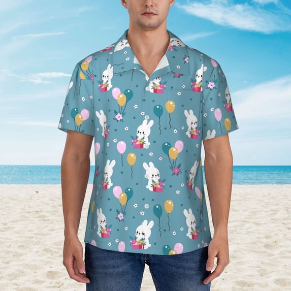 Xecao Rabbit And Balloon print Hawaiian shirt - a stylish short-sleeve button-down for men, perfect for casual beach and tropical outings.