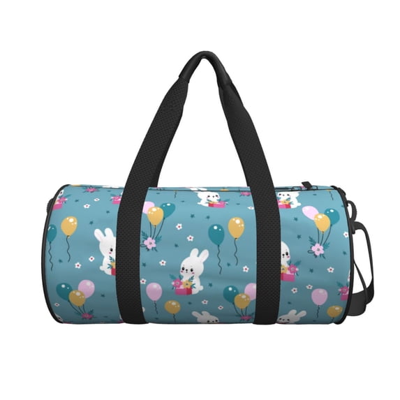 Xecao Rabbit And Balloon print Round Travel Duffel Bag is a foldable gym bag with an inner pocket, perfect for travel sports