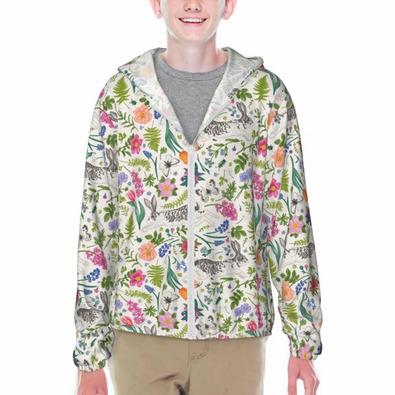 Xecao Rabbit And Butterfly Print Fishing Shirts for teenager Long Sleeve UV Sun Protection Hoodie with Zipper Outdoor Hiking Shirts-Large