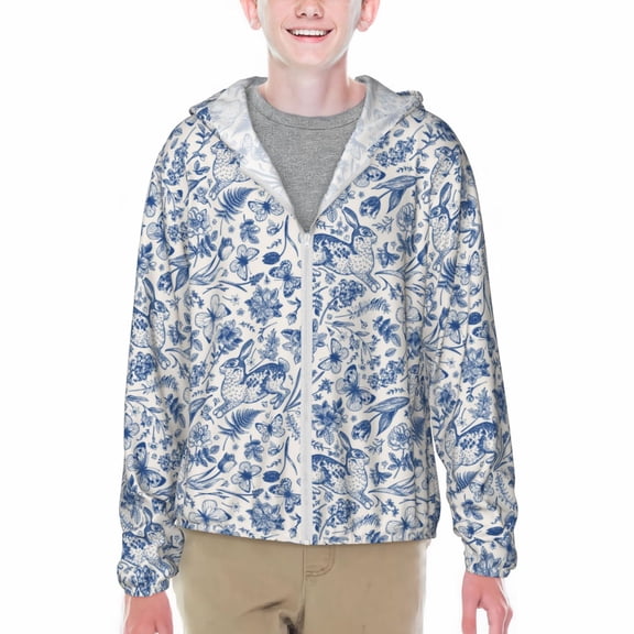 Xecao Rabbit And Butterfly Print Fishing Shirts for teenager Long Sleeve UV Sun Protection Hoodie with Zipper Outdoor Hiking Shirts-Small