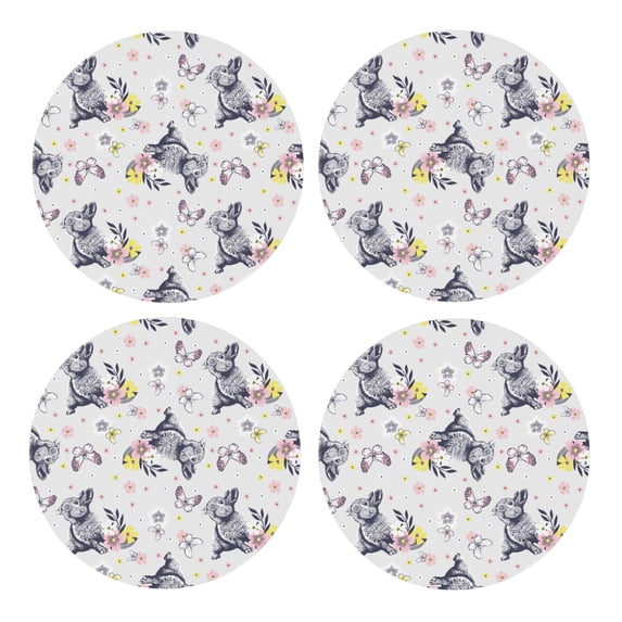 Xecao Rabbit And Butterfly for MDF Cork Coaster 4 Pcs,Drink Coasters,Suit for House Warming Gifts New Home ,Coffee Table Decor-Round Shape
