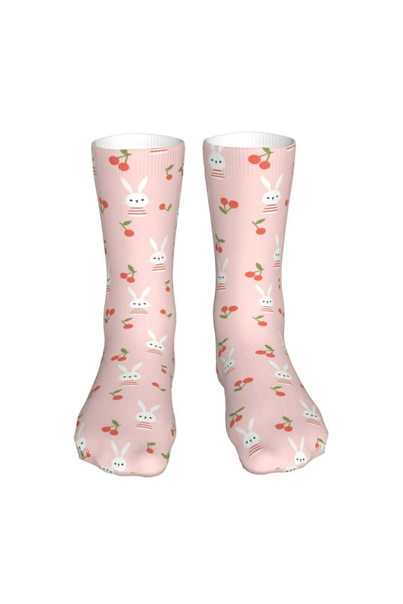 Rabbit And Cherry Print Fashion No Heel Casual Crew Socks Cushioned Breathable for Men Women - Moisture wicking,Not easy to fade Suitable for daily